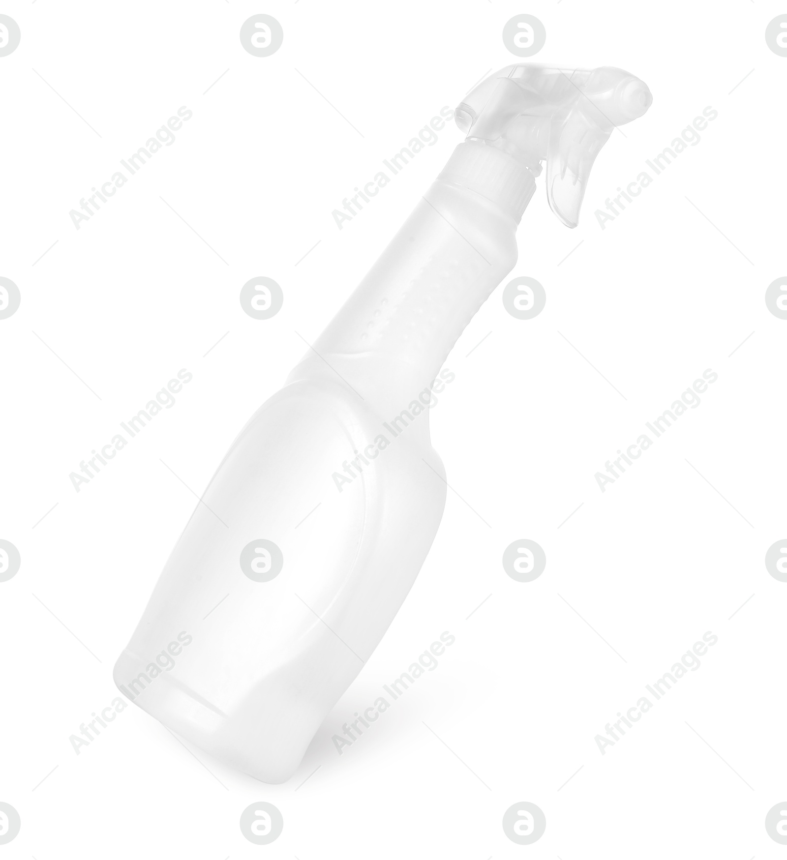 Photo of Spray bottle of cleaning product in air isolated on white