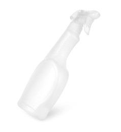 Photo of Spray bottle of cleaning product in air isolated on white