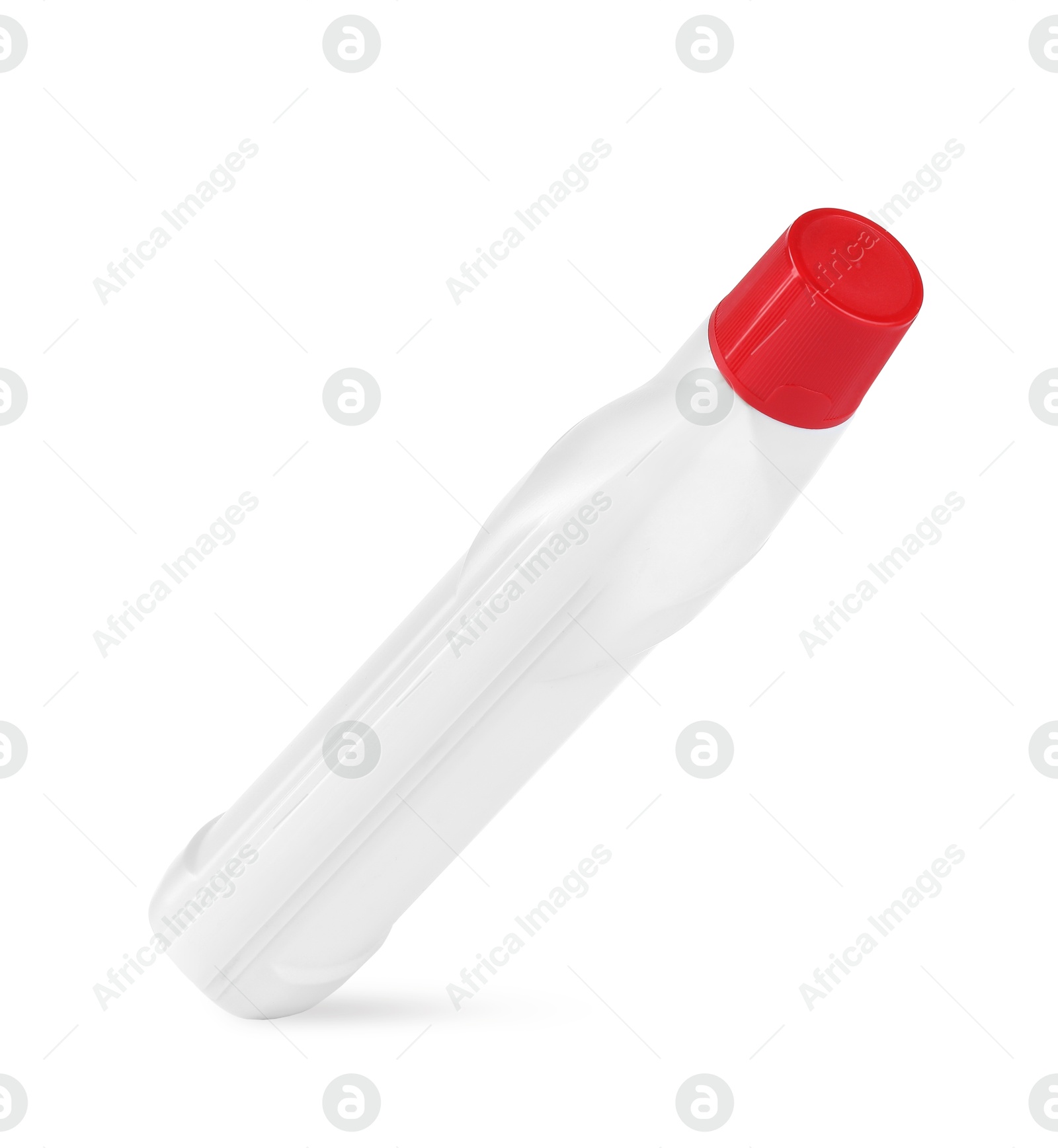 Photo of Bottle of cleaning product in air isolated on white