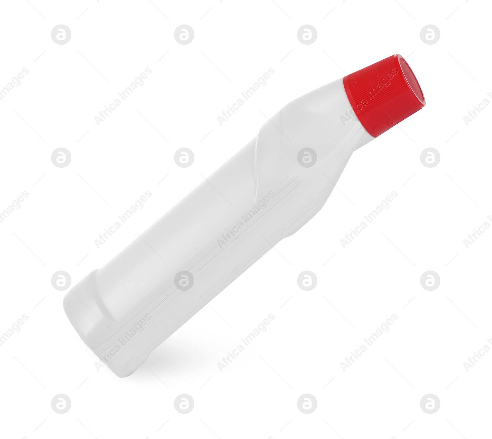 Photo of Bottle of cleaning product in air isolated on white