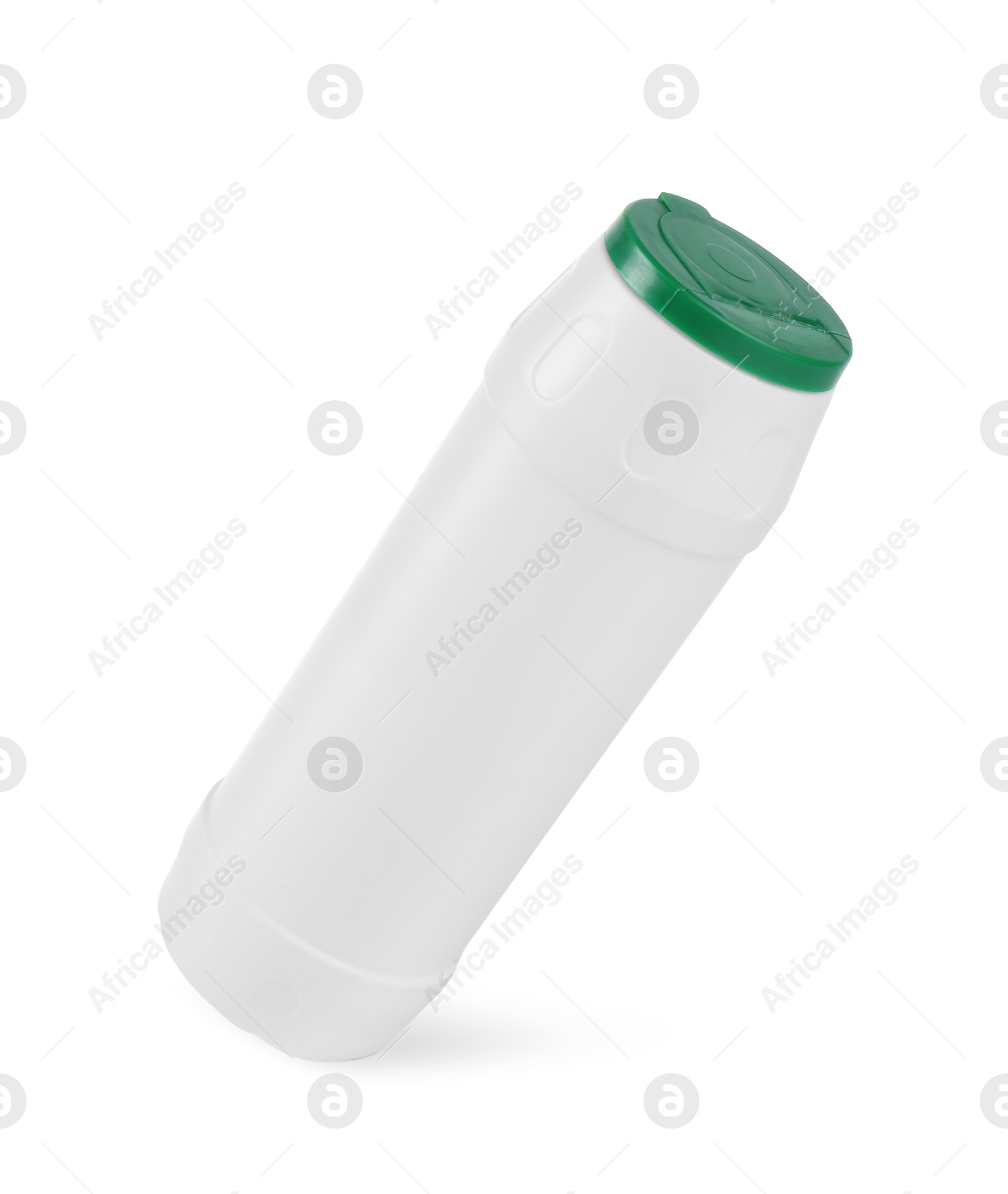 Photo of Bottle of cleaning product in air isolated on white