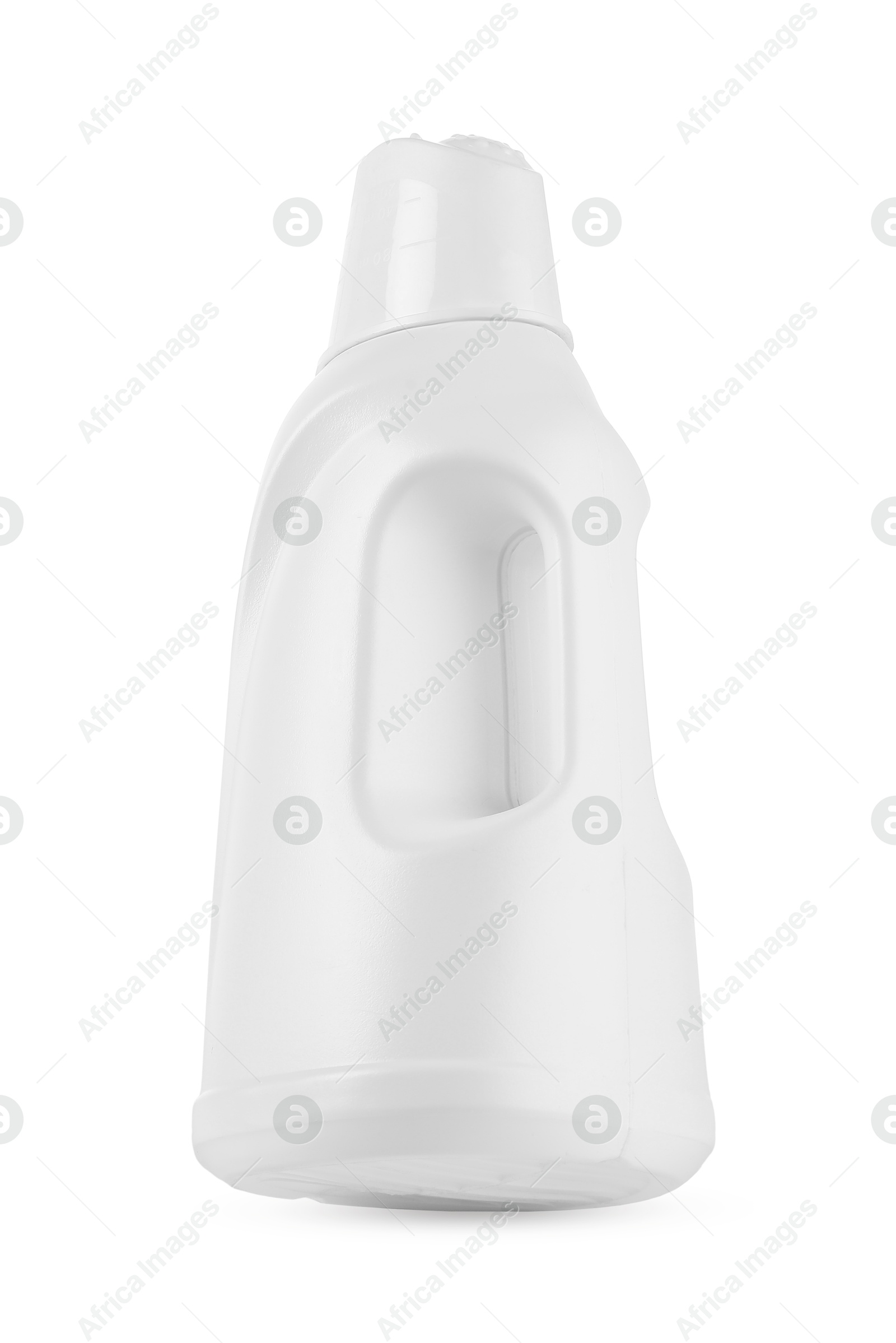 Photo of Bottle of cleaning product in air isolated on white