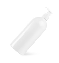 Photo of Bottle of cleaning product in air isolated on white