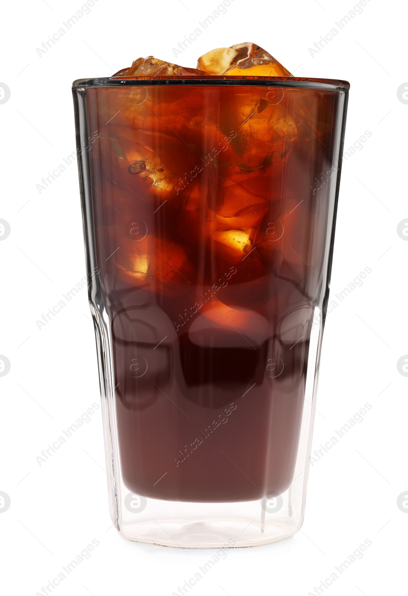 Photo of Refreshing coffee with ice cubes in glass isolated on white