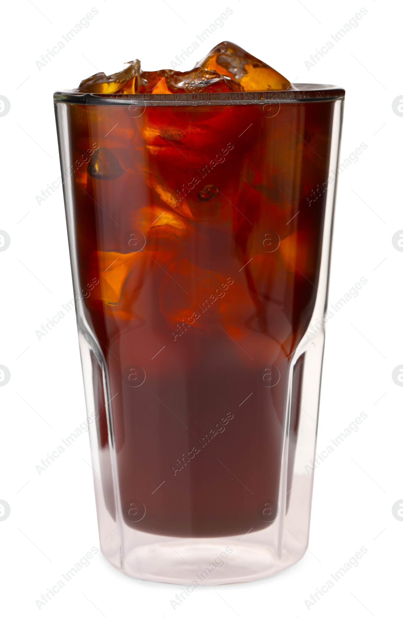 Photo of Refreshing coffee with ice cubes in glass isolated on white