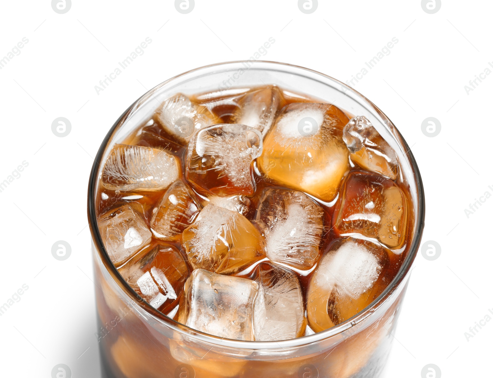 Photo of Refreshing coffee with ice cubes in glass isolated on white