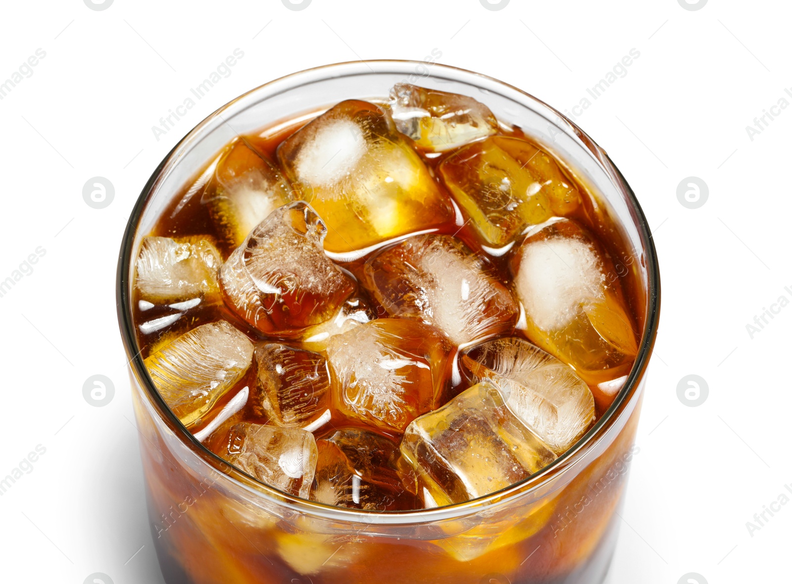 Photo of Refreshing coffee with ice cubes in glass isolated on white