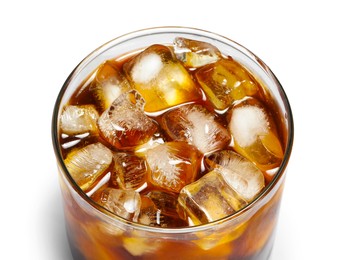 Photo of Refreshing coffee with ice cubes in glass isolated on white