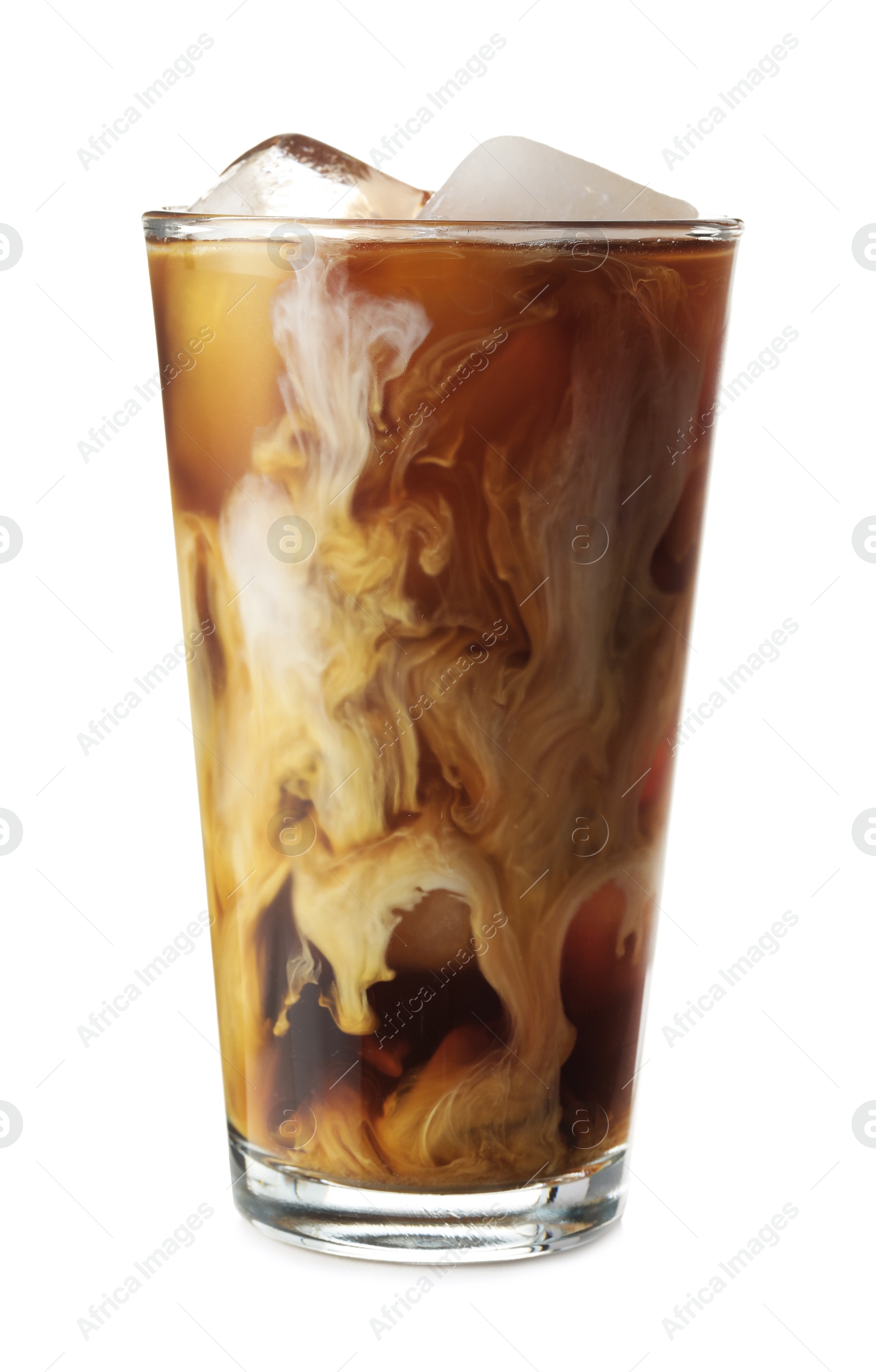 Photo of Refreshing iced coffee with milk in glass isolated on white