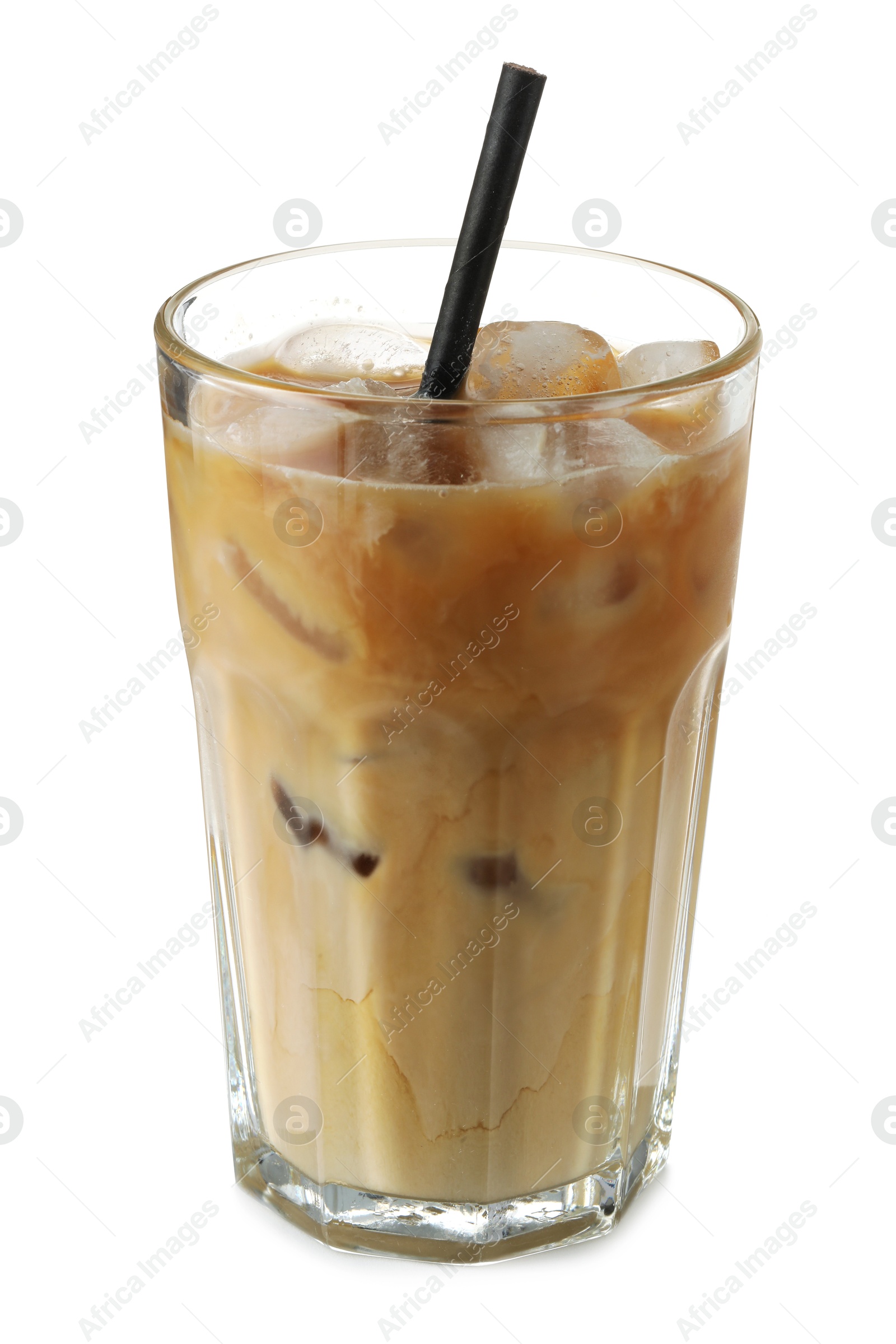 Photo of Refreshing iced coffee with milk in glass isolated on white