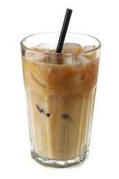 Photo of Refreshing iced coffee with milk in glass isolated on white