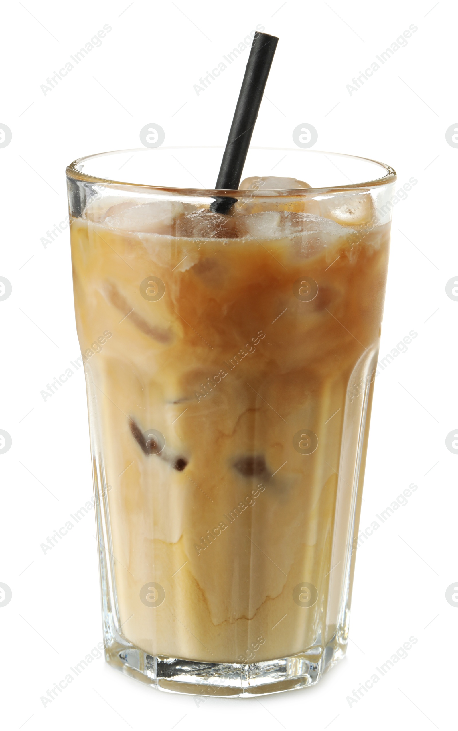 Photo of Refreshing iced coffee with milk in glass isolated on white