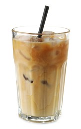 Photo of Refreshing iced coffee with milk in glass isolated on white