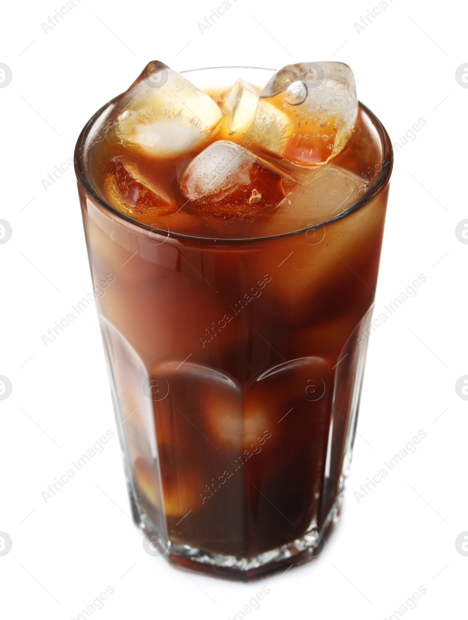 Photo of Refreshing iced coffee in glass isolated on white