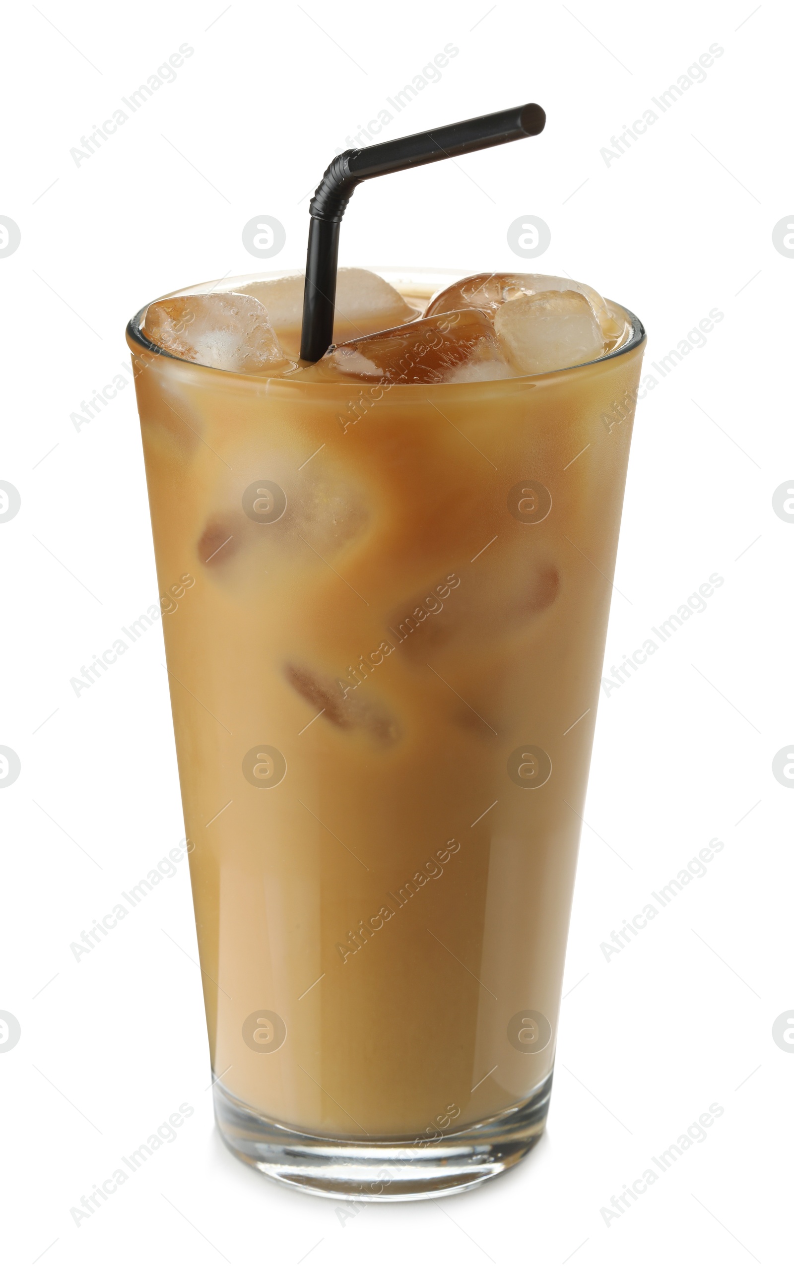 Photo of Refreshing iced coffee with milk in glass isolated on white