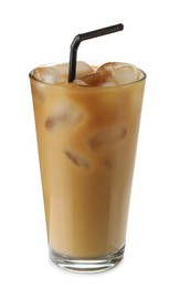 Photo of Refreshing iced coffee with milk in glass isolated on white