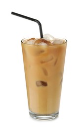 Photo of Refreshing iced coffee with milk in glass isolated on white