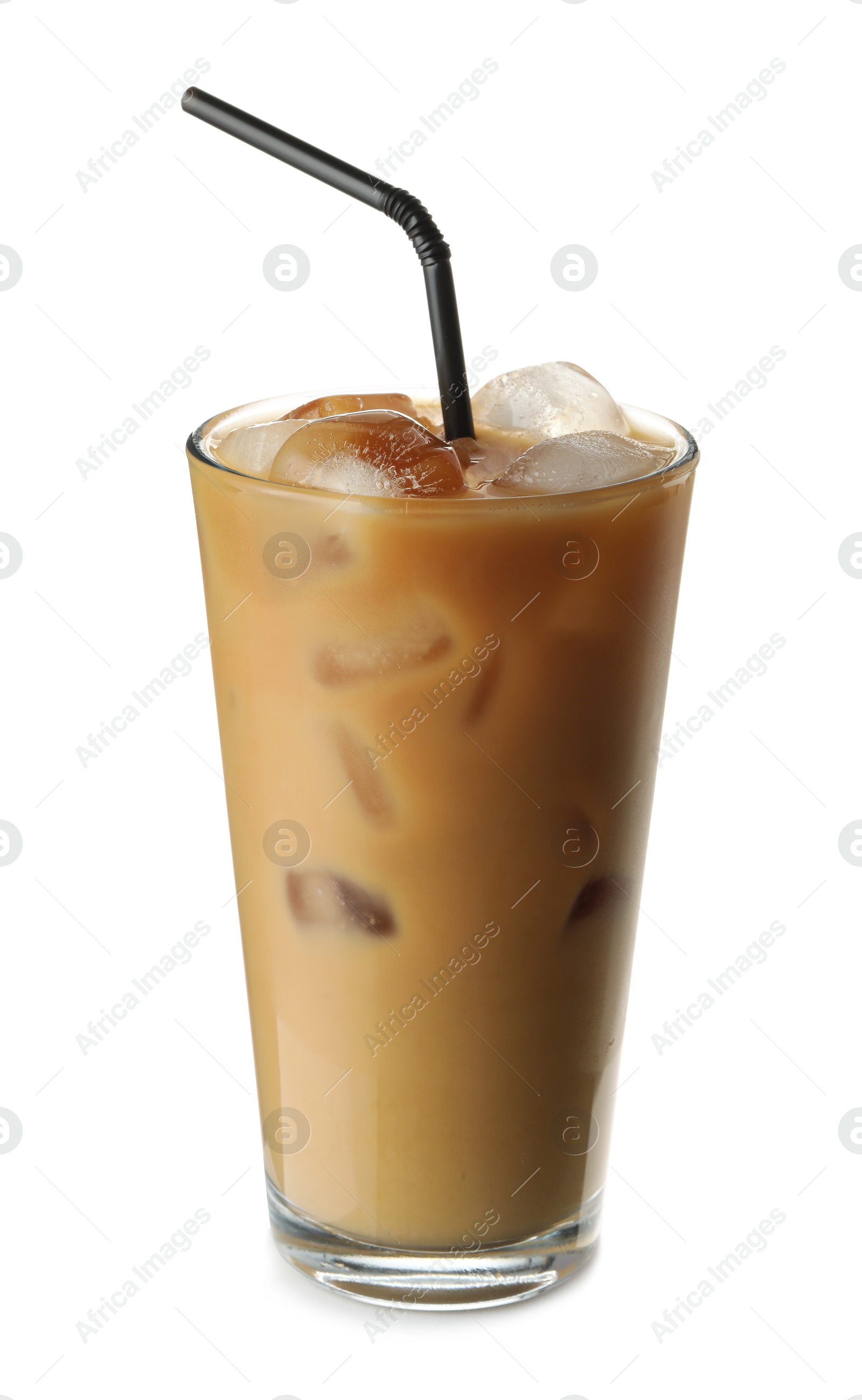 Photo of Refreshing iced coffee with milk in glass isolated on white