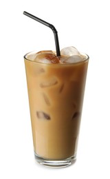 Photo of Refreshing iced coffee with milk in glass isolated on white