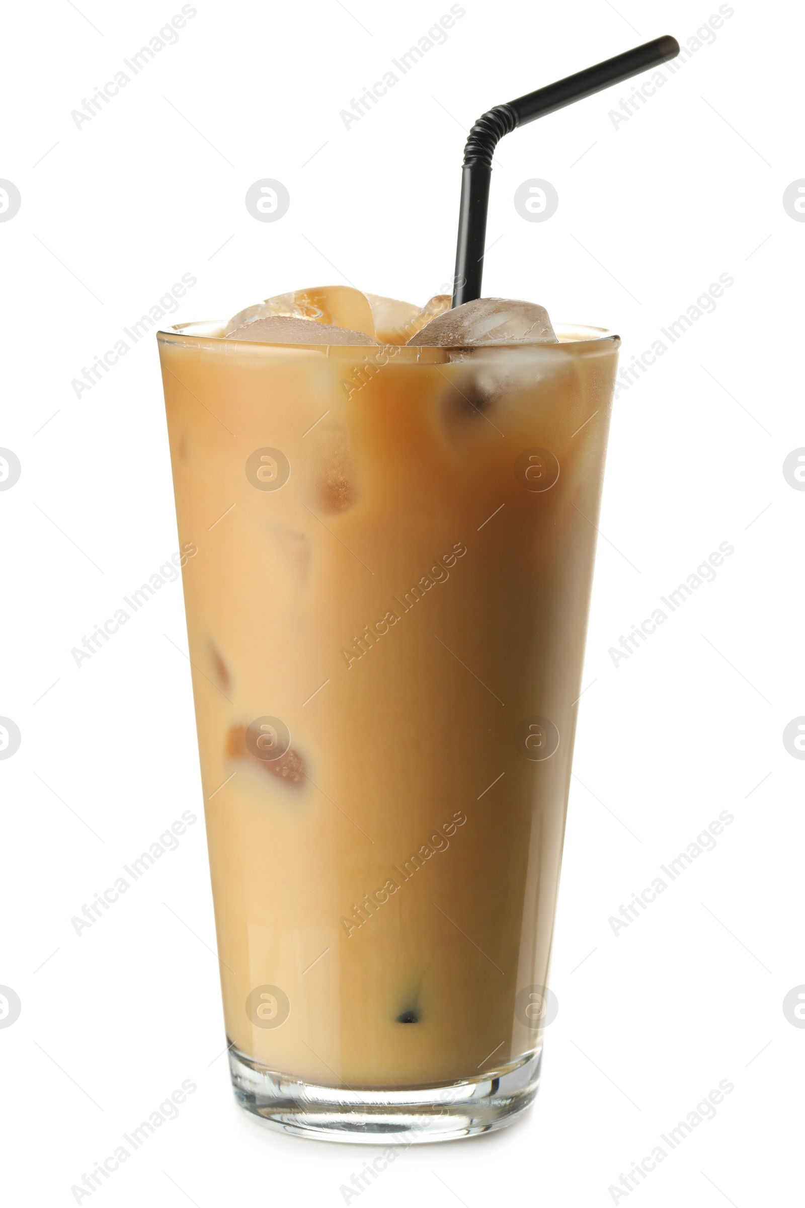 Photo of Refreshing iced coffee with milk in glass isolated on white