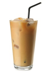 Photo of Refreshing iced coffee with milk in glass isolated on white