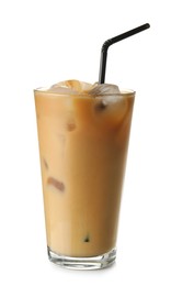 Photo of Refreshing iced coffee with milk in glass isolated on white