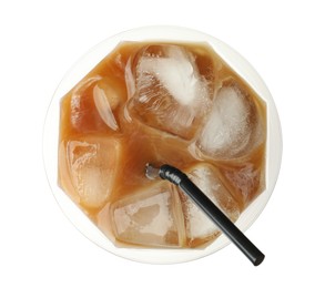 Photo of Refreshing iced coffee with milk in plastic cup isolated on white, top view