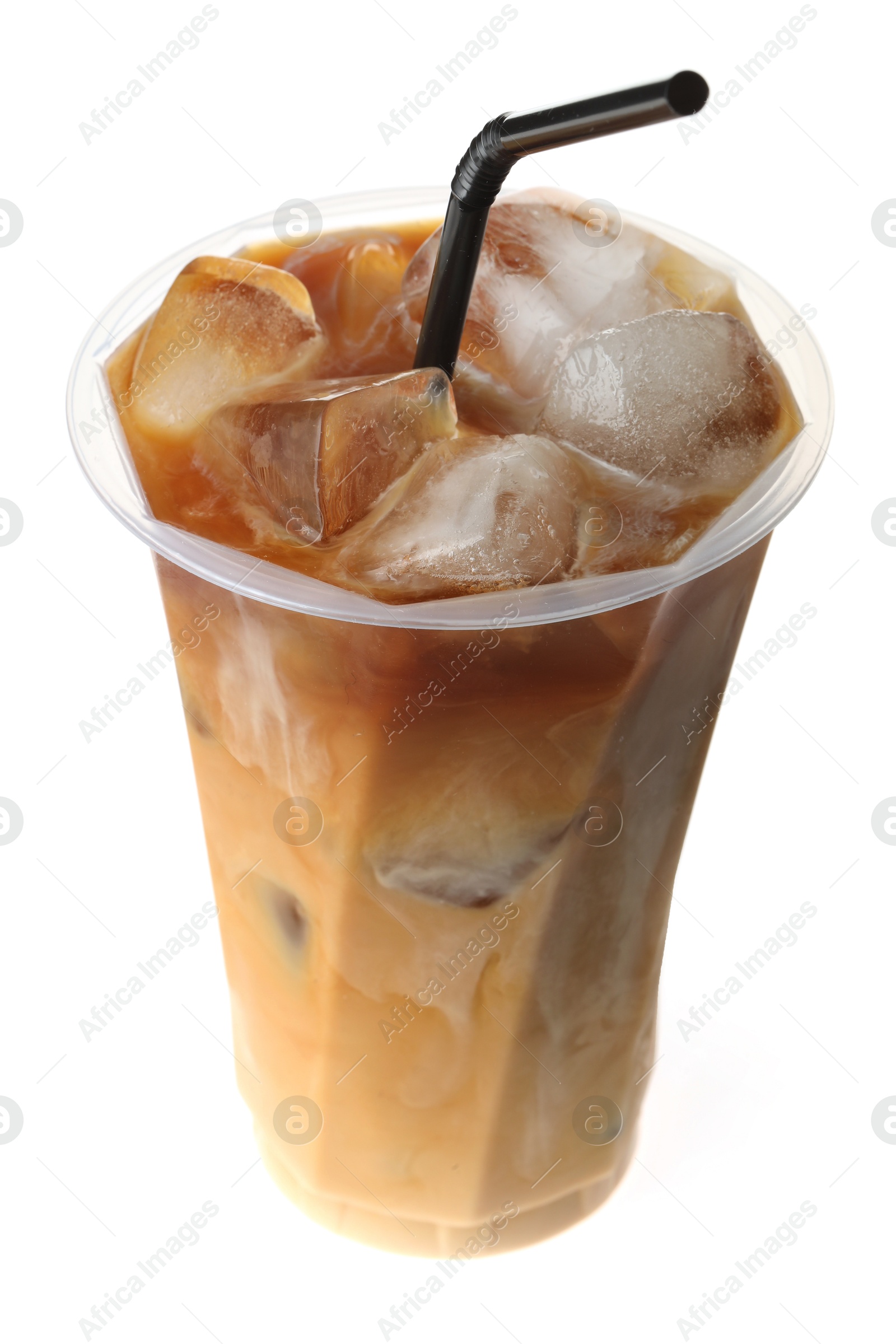 Photo of Refreshing iced coffee with milk in plastic cup isolated on white