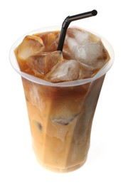 Refreshing iced coffee with milk in plastic cup isolated on white