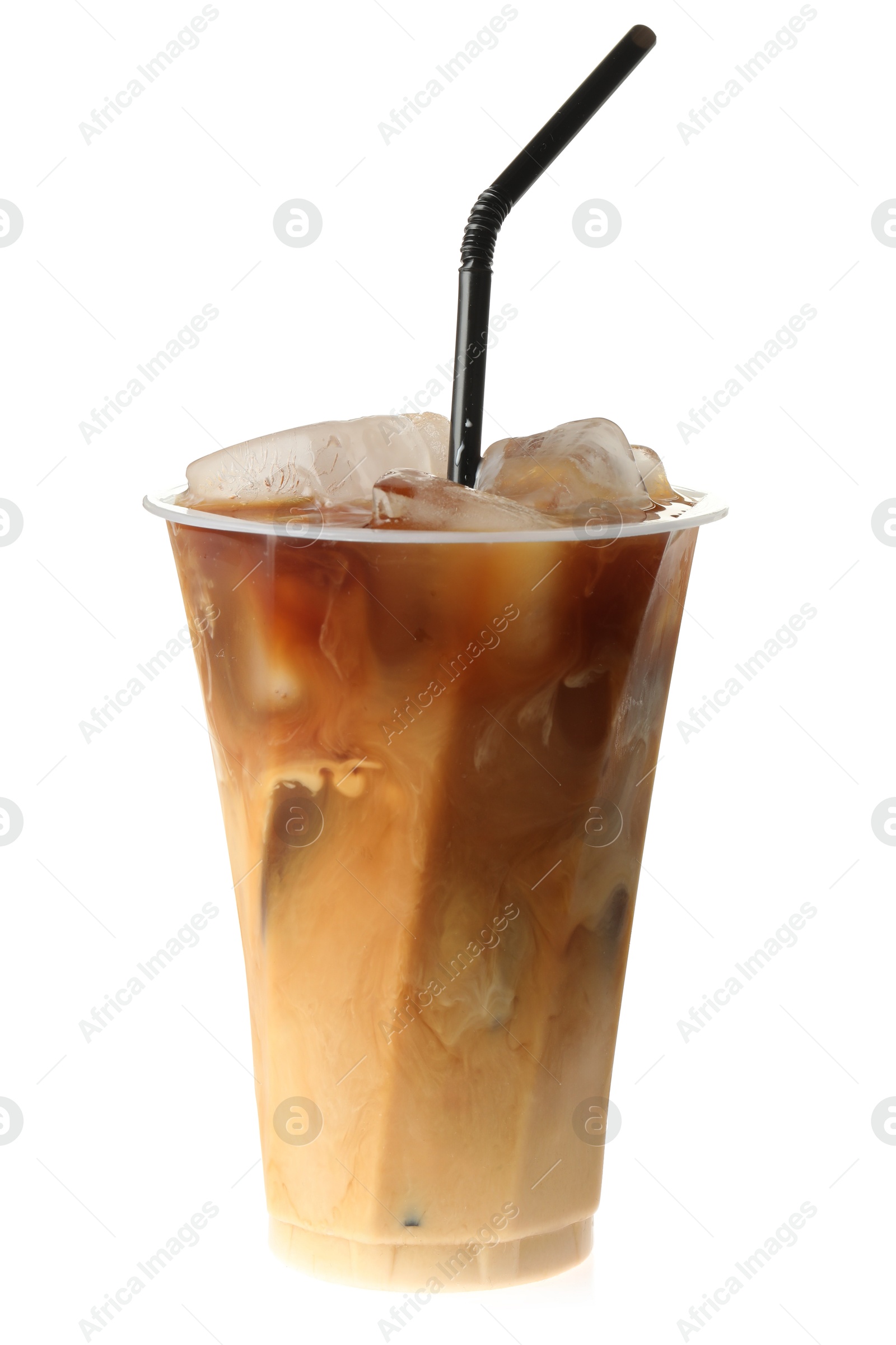 Photo of Refreshing iced coffee with milk in plastic cup isolated on white