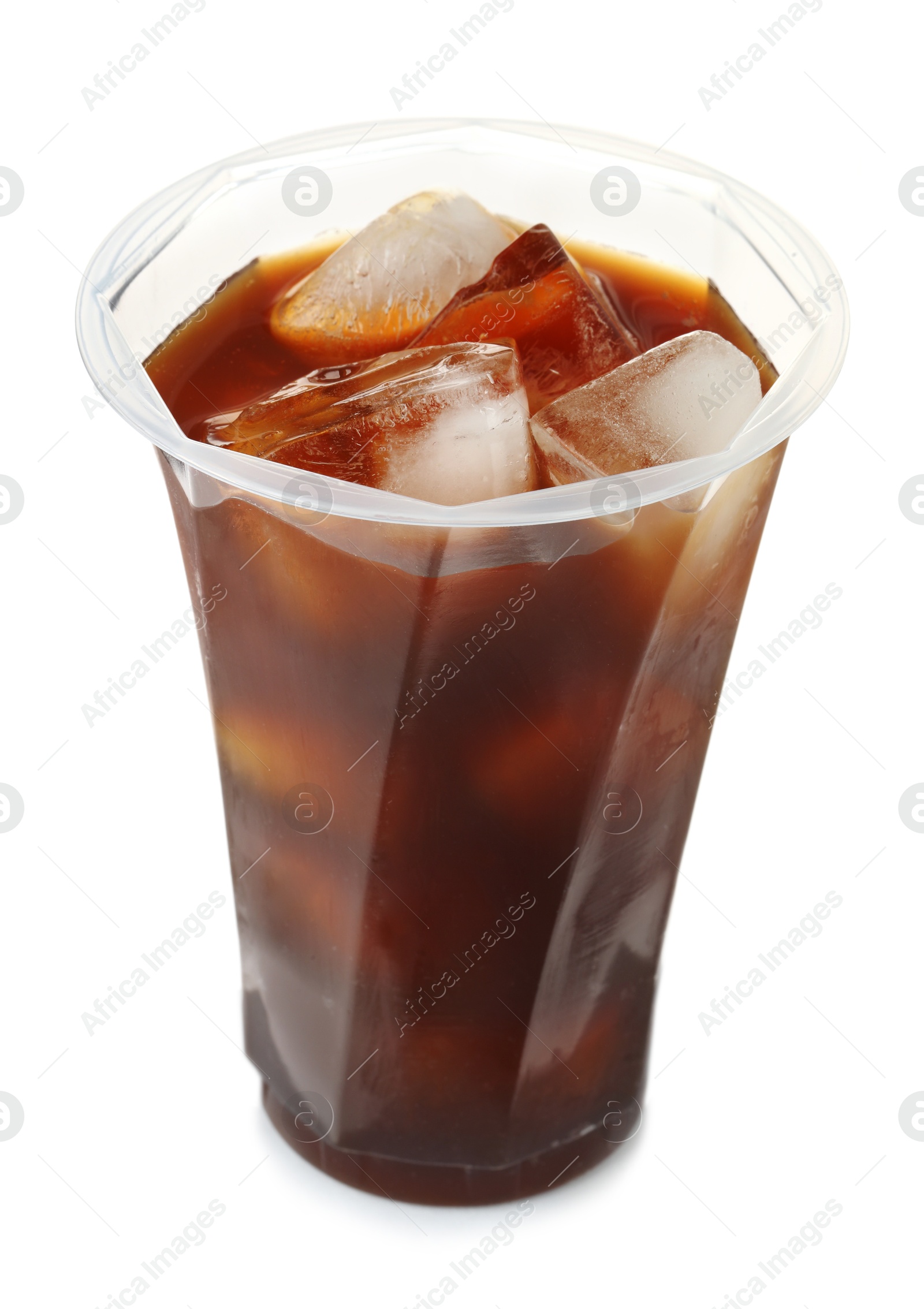 Photo of Refreshing iced coffee in plastic cup isolated on white