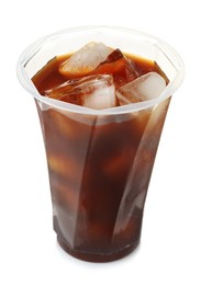 Photo of Refreshing iced coffee in plastic cup isolated on white