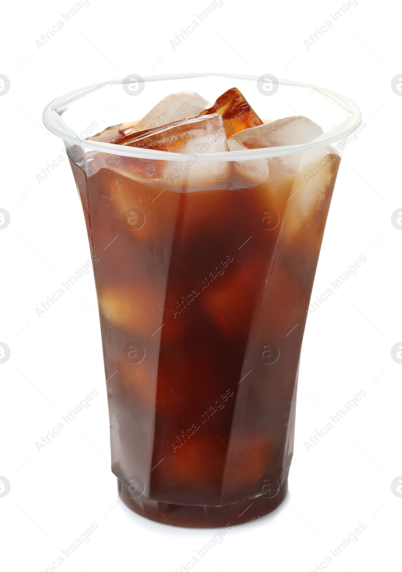 Photo of Refreshing iced coffee in plastic cup isolated on white