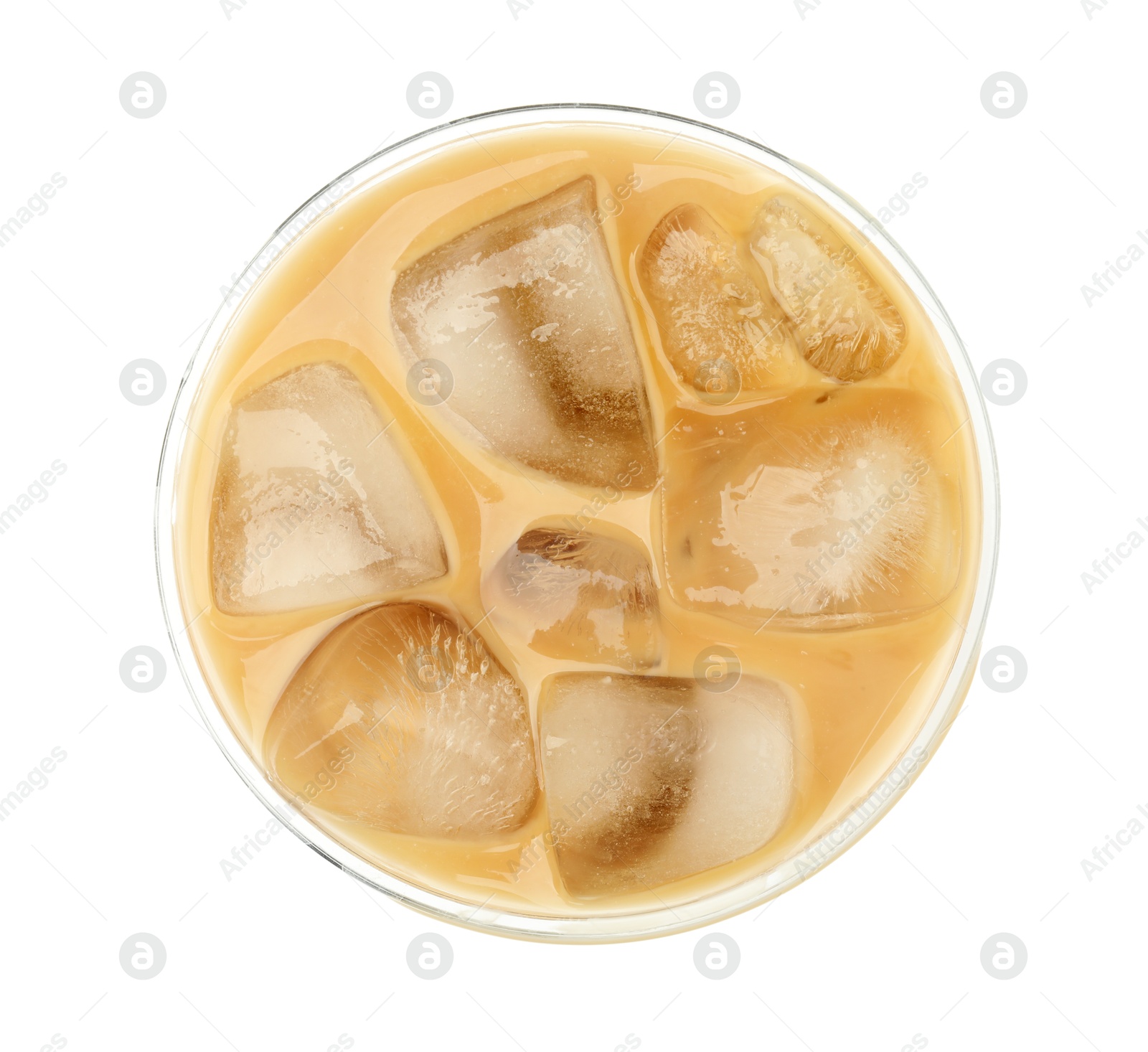 Photo of Refreshing iced coffee with milk in plastic cup isolated on white, top view