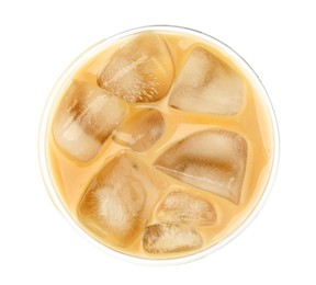 Photo of Refreshing iced coffee with milk in plastic cup isolated on white, top view