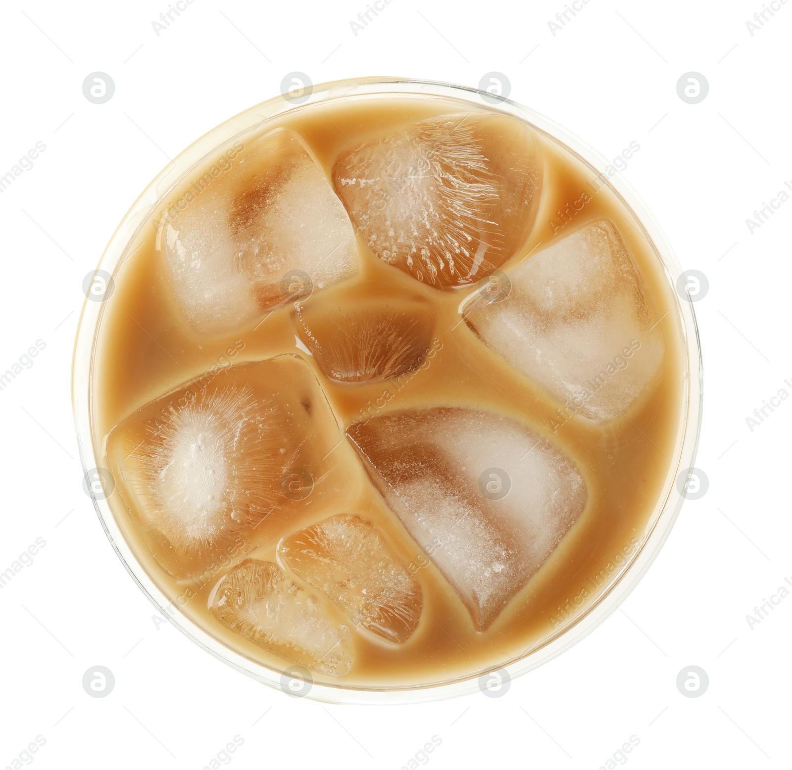 Photo of Refreshing iced coffee with milk in plastic cup isolated on white, top view