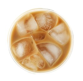 Refreshing iced coffee with milk in plastic cup isolated on white, top view