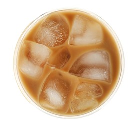 Photo of Refreshing iced coffee with milk in plastic cup isolated on white, top view