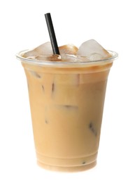 Photo of Refreshing iced coffee with milk in plastic cup isolated on white