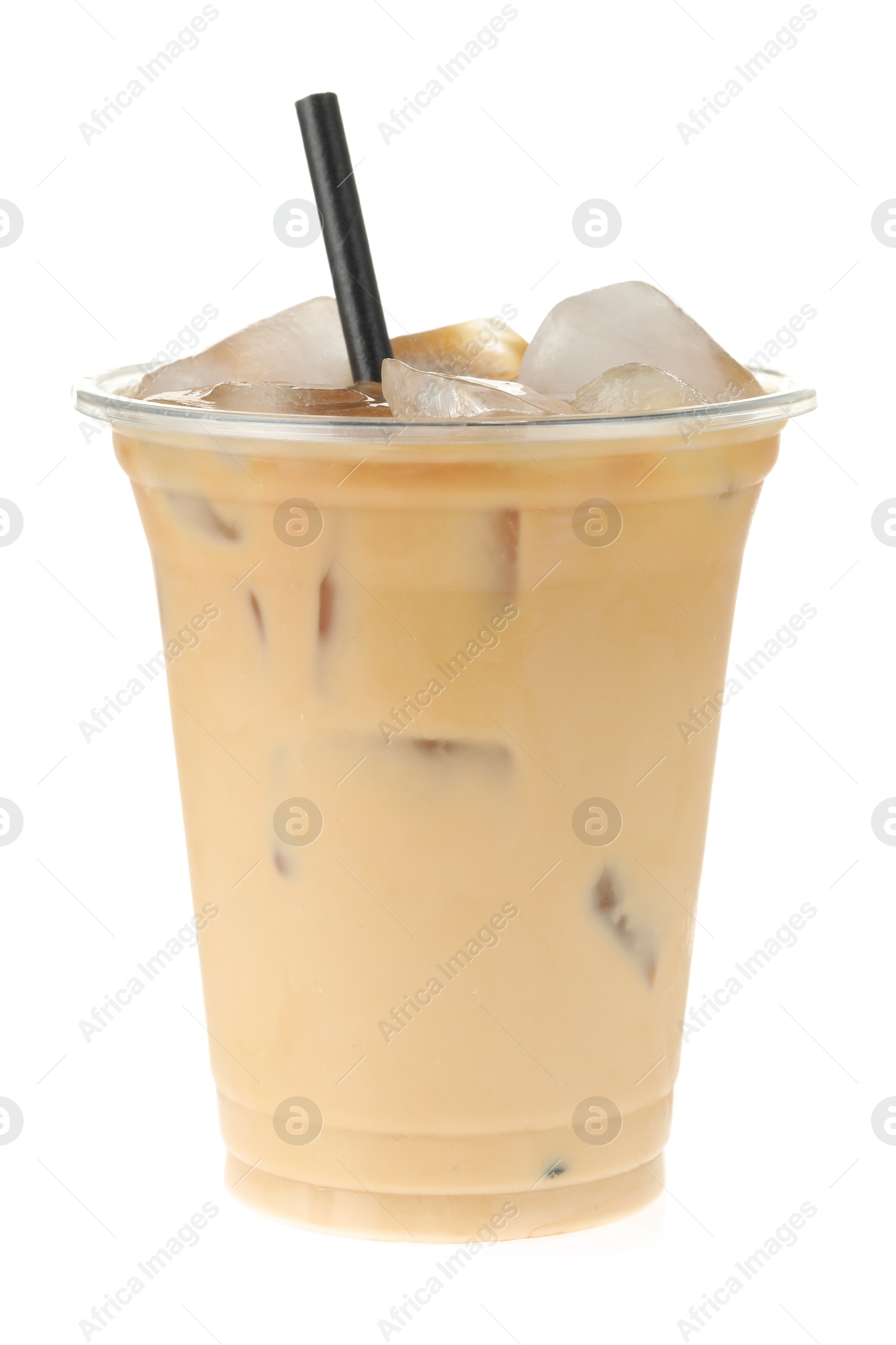 Photo of Refreshing iced coffee with milk in plastic cup isolated on white