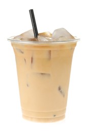 Photo of Refreshing iced coffee with milk in plastic cup isolated on white