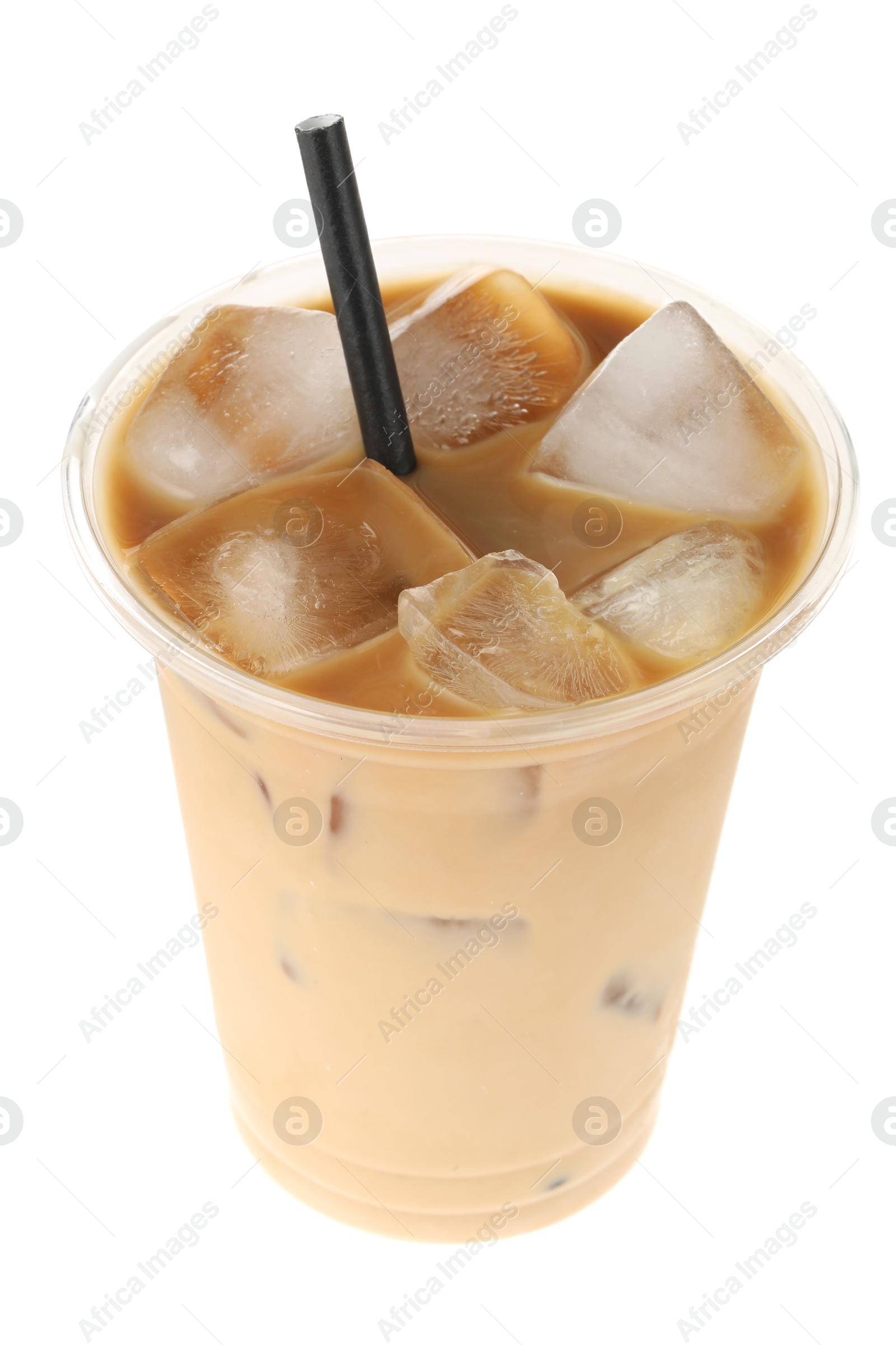 Photo of Refreshing iced coffee with milk in plastic cup isolated on white