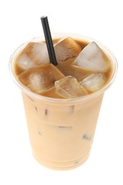 Refreshing iced coffee with milk in plastic cup isolated on white