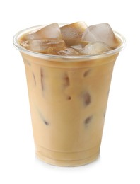 Photo of Refreshing iced coffee with milk in plastic cup isolated on white