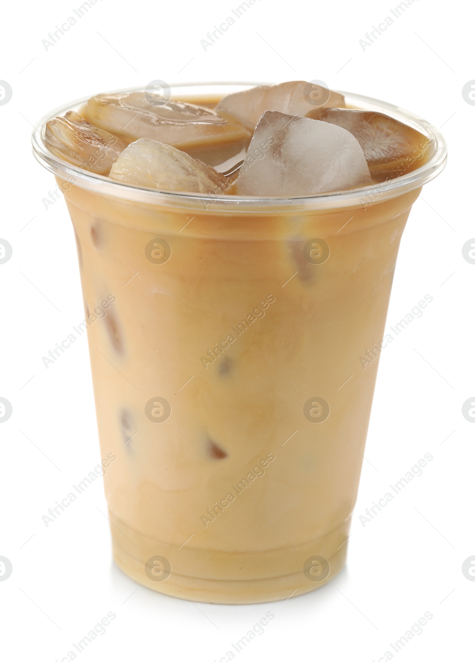 Photo of Refreshing iced coffee with milk in plastic cup isolated on white