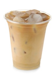 Photo of Refreshing iced coffee with milk in plastic cup isolated on white