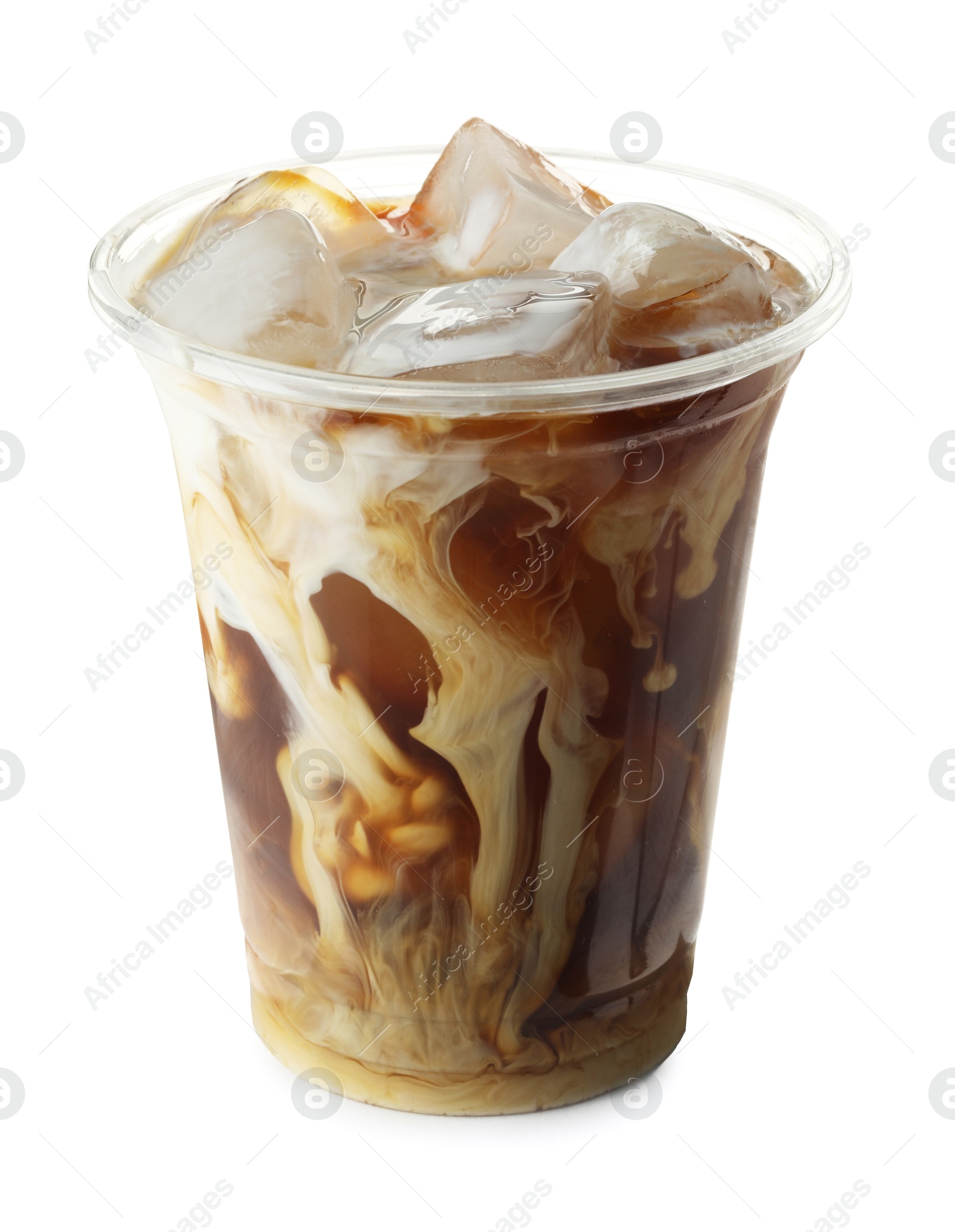 Photo of Refreshing iced coffee with milk in plastic cup isolated on white