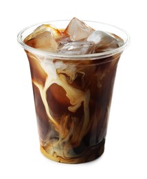 Photo of Refreshing iced coffee with milk in plastic cup isolated on white