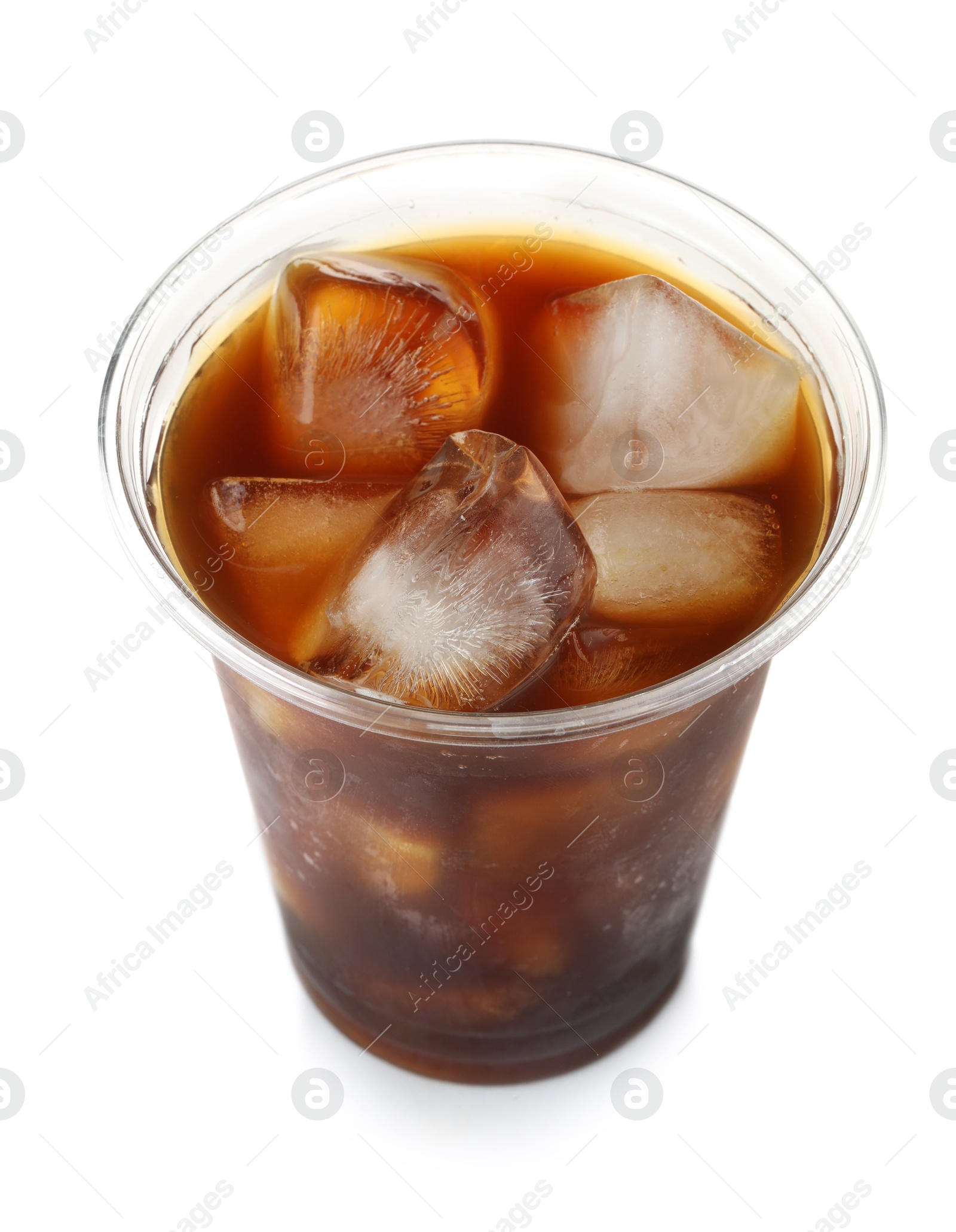 Photo of Refreshing iced coffee in plastic cup isolated on white