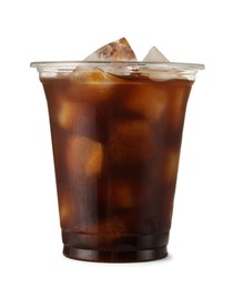 Photo of Refreshing iced coffee in plastic cup isolated on white